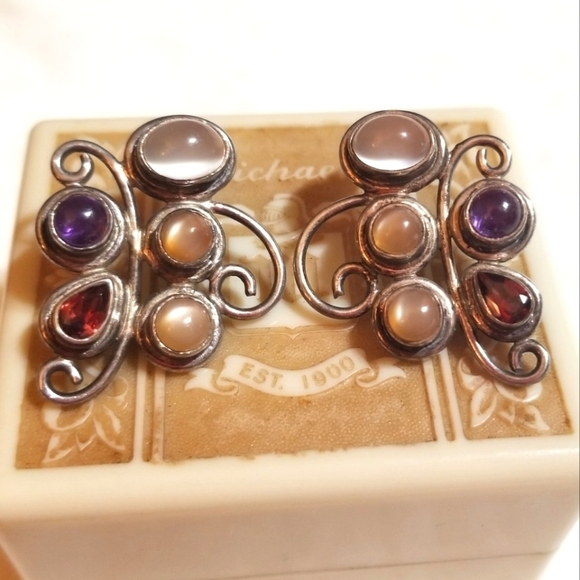 Vintage Jewelry - Vintage Multi-Gem Artisan Sterling Earrings